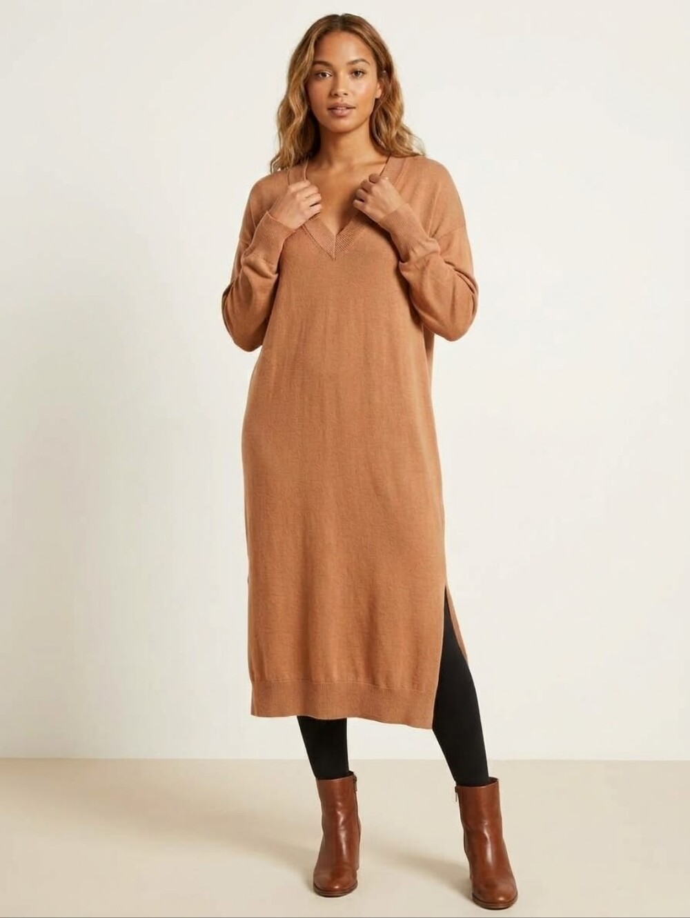 Charlie Paige Terracotta Camel V-Neck Knit Midi Sweater Dress Tunic Medium Slits